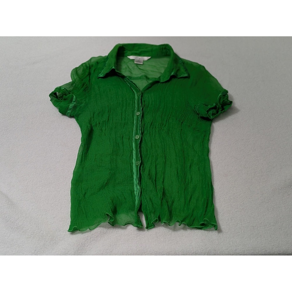 WD.NY 100% Silk Green Emerald Top Short Sleeve Sheer Size 10 Button Up Blouse